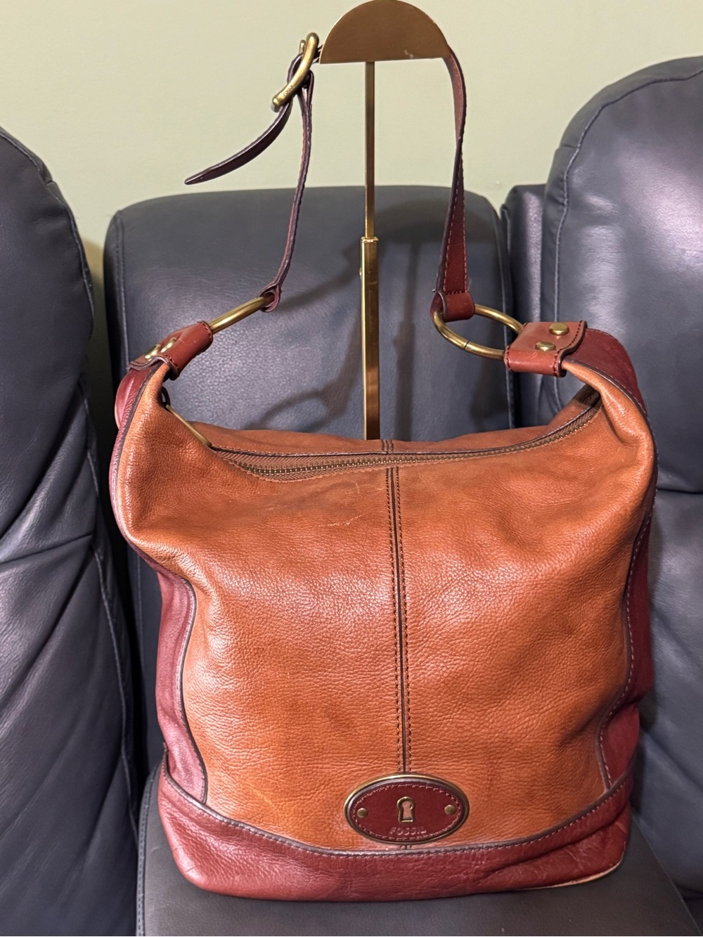 Fossil Two-Tone Brown Leather Hobo Bag